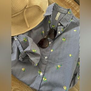 PerSeption Concept Blue Striped Shirt Dress with Lemon Pattern, Size Small